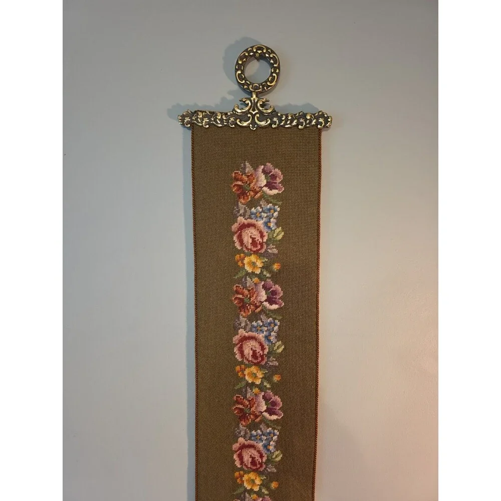 Vintage Embroidered Floral Tapestry Wall Decroative Hanging Brass Ends - 65